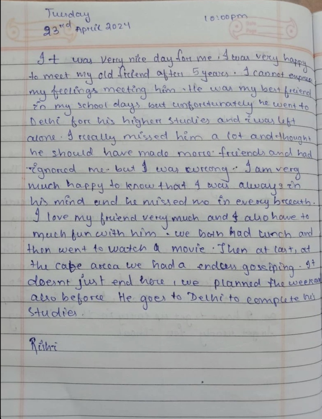 A real handwritten journal page in blue ballpoint on lined paper, dated Tuesday 23rd April 2024, describing meeting an old friend after five years.