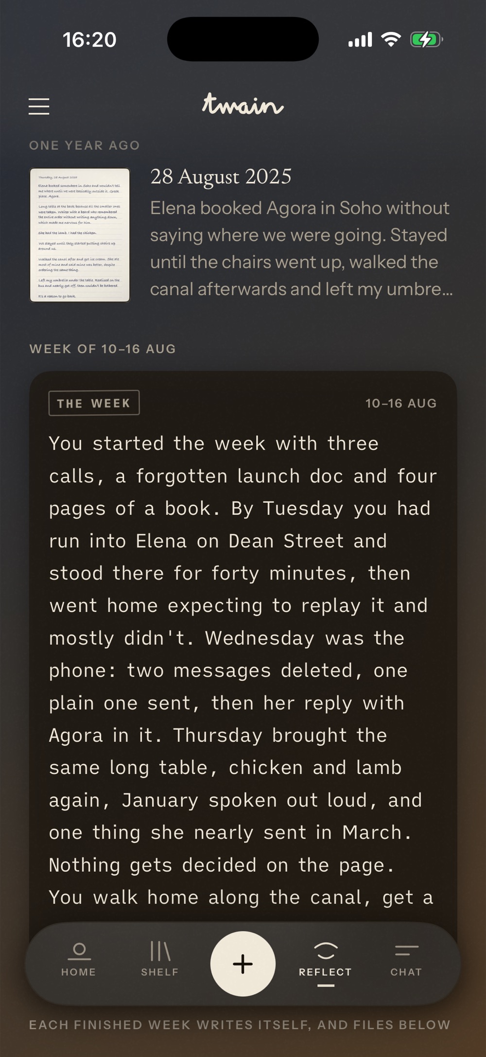 Twain’s Reflect screen: ‘One year ago’ shows the dinner with Elena at Agora, above the weeks and months that write themselves.