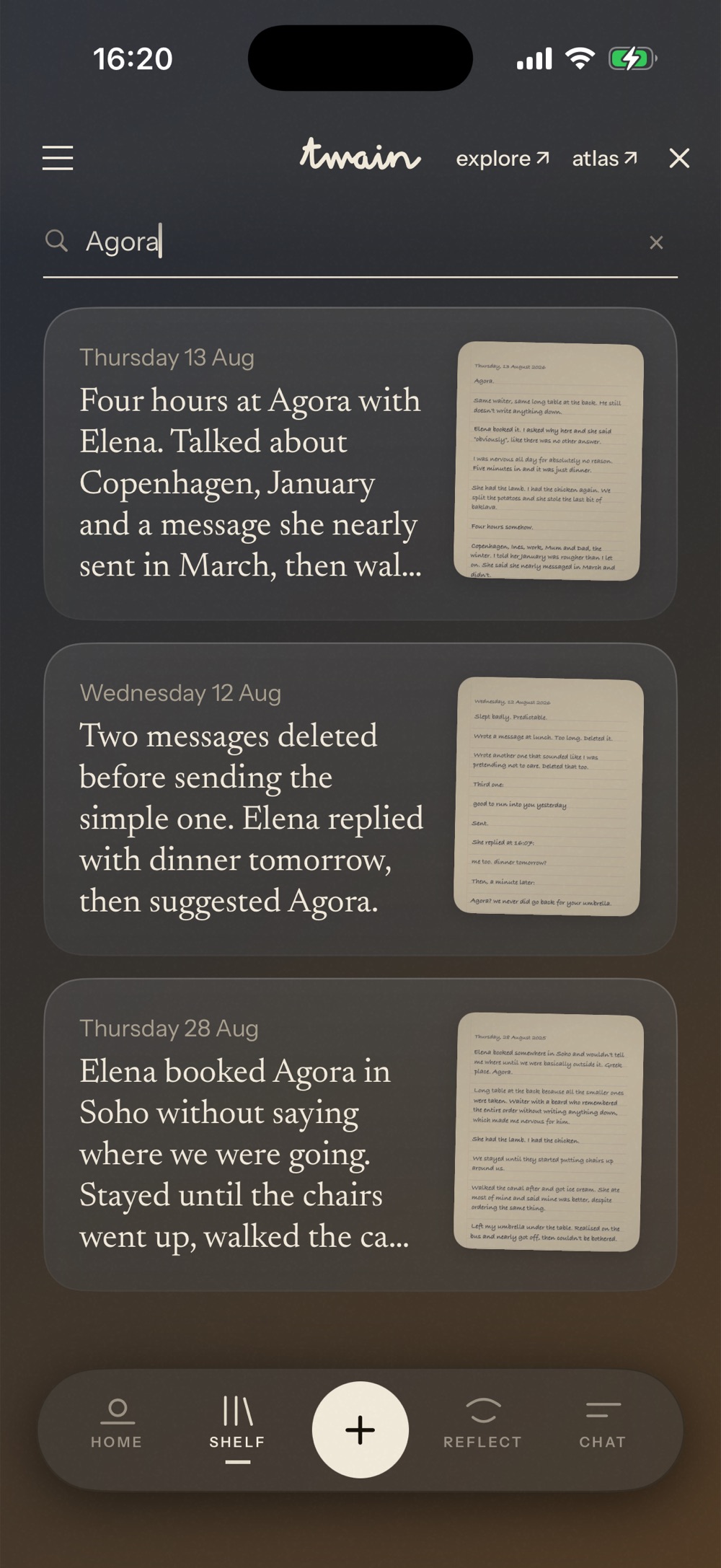 Searching Twain for ‘Agora’, returning the reunion dinner, the message drafted the day before, and the same table a year earlier.