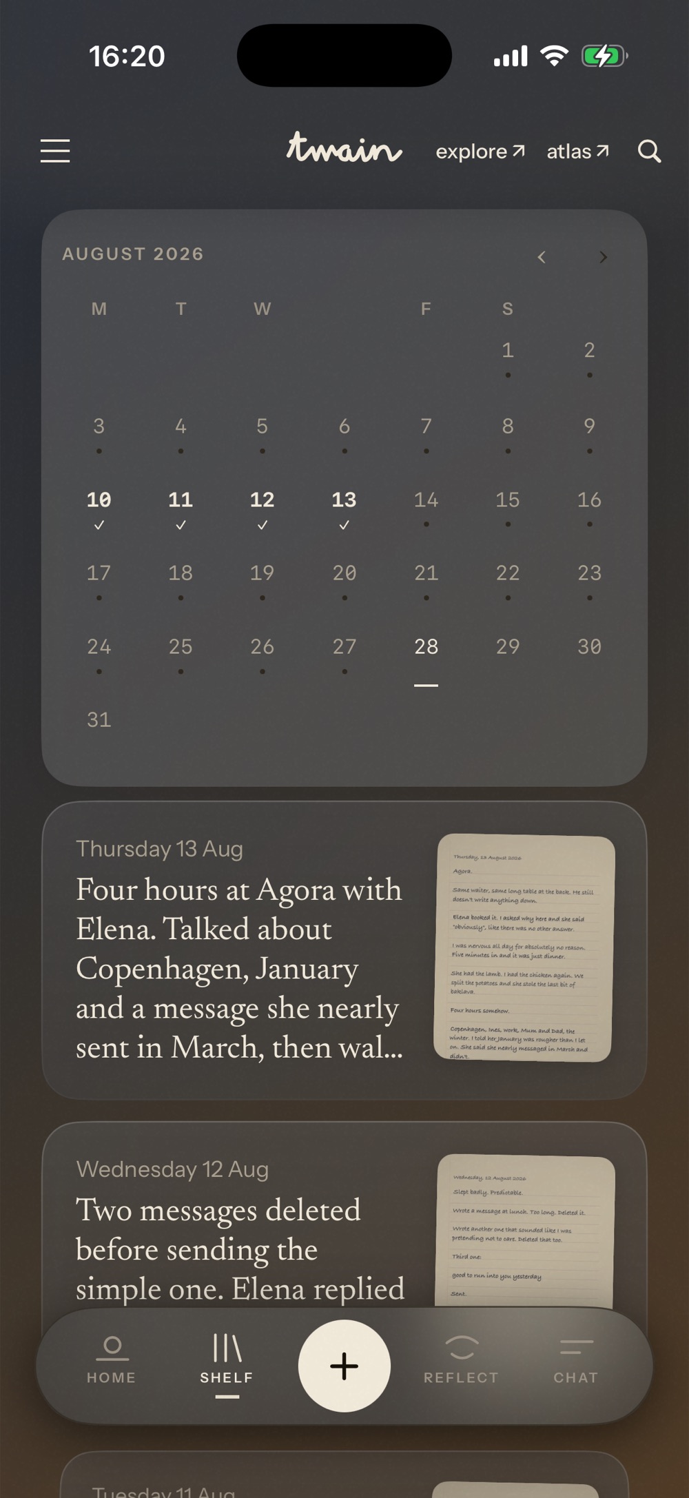 Twain’s shelf: a month calendar with a dot under every day that has a page, and the entries listed beneath it.