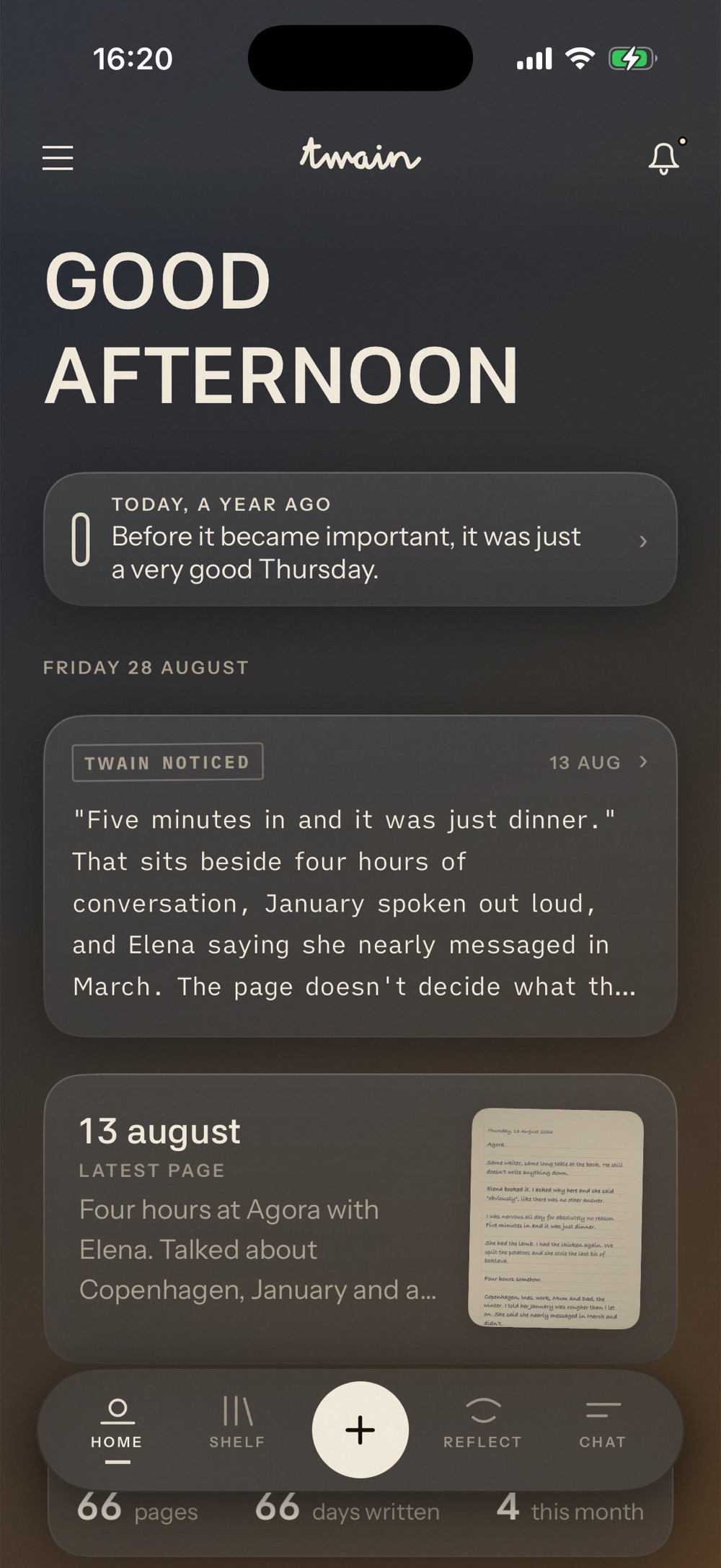 Twain’s home screen: a good-evening greeting, the page from a year ago tonight, what Twain noticed on the 13 August entry, and the record so far.